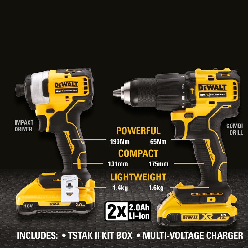 DeWalt DCK2062D2T-GB 18V XR Brushless Compact Combi Drill & Impact Driver Twin Pack 2 x 2.0Ah