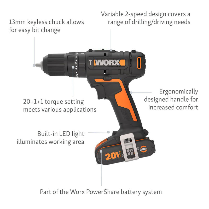 Worx 20V Brushed Combi Drill 2 x 2.0Ah